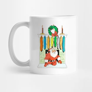 Santa Claus enters through the chimney and finds many socks. Retro Vintage Comic Cartoons Mug